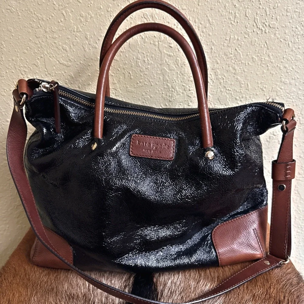 Kate Spade Black Patent Brown Leather Combo Court Tote‎ Shoulder Bag Crossbody